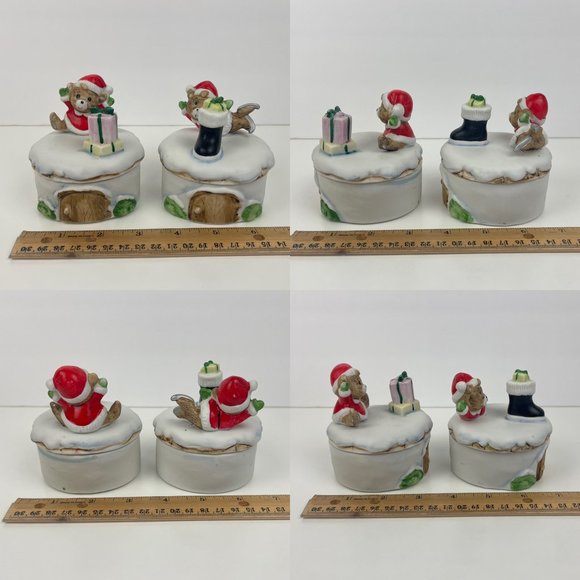 Vtg 2 Homco Christmas Holiday Teddy Bears Trinket Box Round Porcelain w Lid Deco - Picture 11 of 11